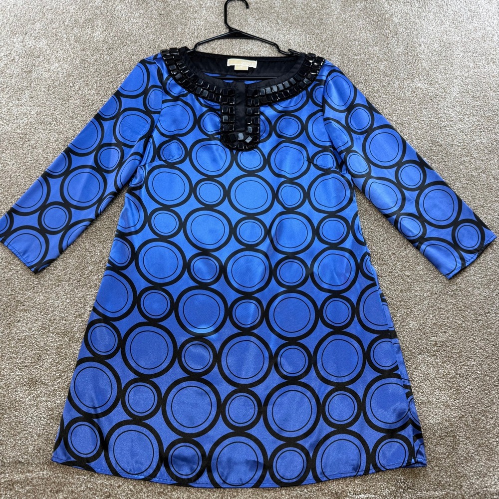 MICHAEL Michael‎ Kors Womens Blue Black Geometric Beaded Neck Dress 6 Work Party